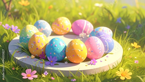Pastel Easter eggs in circular arrangement on white platform outdoors, surrounded by blooming flowers and sunlight, symbolizing festive joy, spring renewal, and cheerful celebration.