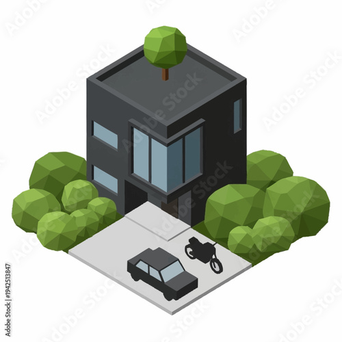 Modern house with car and motorcycle in driveway surrounded by green trees.