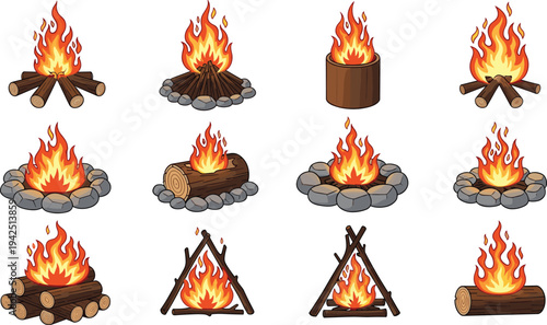 Campfire flames collection with burning wood logs and fire pits, camping bonfire icons vector illustration set