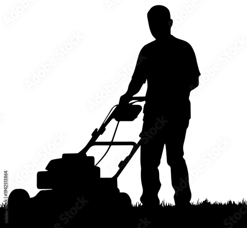 Black Silhouette of a Male Gardener Cutting Grass with a Push Lawnmower on White Background