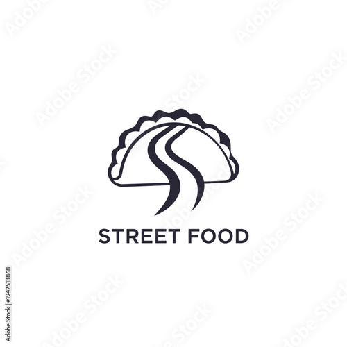 Taco or dumpling icon with winding road path inside for street food truck travel and mobile dining