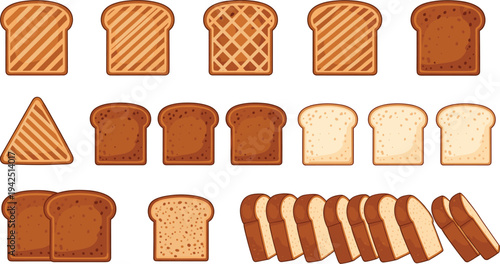 Bread slices collection with toasted bread and sandwich loaf pieces, bakery food illustration isolated vector set
