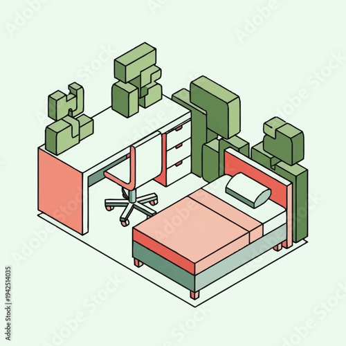 Isometric illustration of a cluttered bedroom with furniture and boxes.