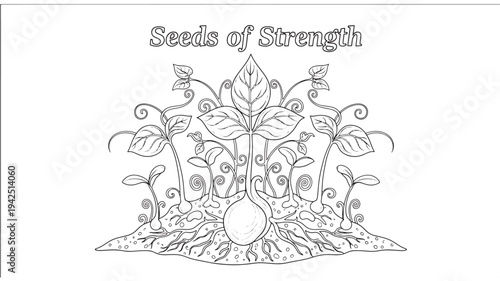 A black and white illustration of a plant growing from seeds, symbolizing strength and growth, ideal for adult coloring books and mindfulness activities.