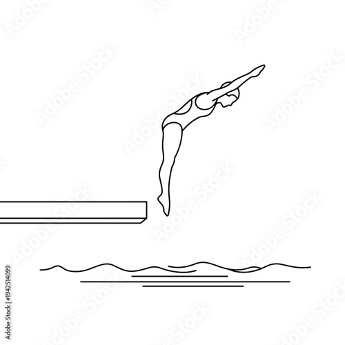 Diver jumping into water from platform in minimal line art style  