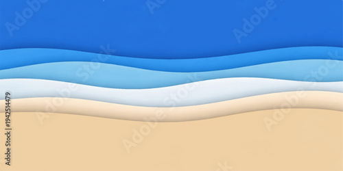 A serene tropical seascape captures rolling blue ocean waves washing over the sunny sand of a peaceful paradise island beach under a clear summer sky and horizon