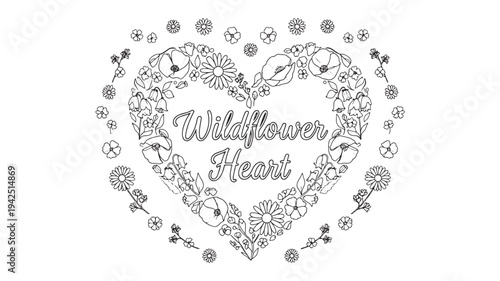 A detailed black and white illustration of a heart made of flowers, perfect for adult coloring books, featuring the words 'Wildflower Heart' in a decorative font.
