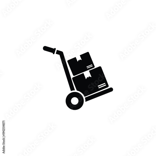 Graphic illustration of a hand truck loaded with boxes, viewed from the side on a simple background
