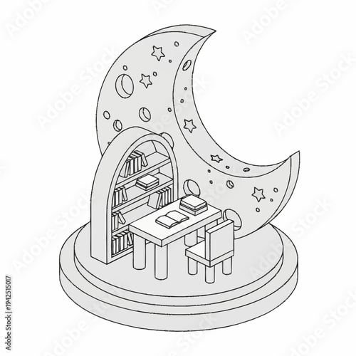 A desk and chair inside a crescent moon with stars and a bookshelf.