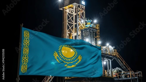 Kazakhstan Oil Industry Night Operations, Drilling Rig with National Flag, Energy Sector Development