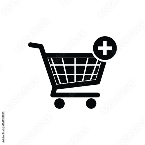 Shopping cart icon with plus symbol on transparent background illustration