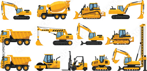 Construction machinery vehicles collection with excavator, bulldozer, crane, dump truck and forklift vector illustration set