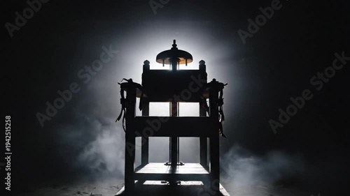 Dramatic Silhouette of an Antique Execution Chair Under Intense Spotlight Amidst Dark Fog and Shadow