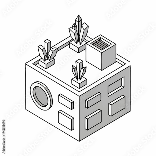 Isometric illustration of a futuristic building with crystalline structures.