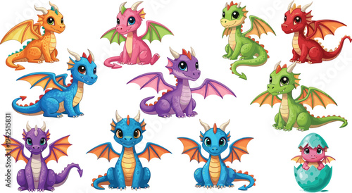 Cute baby dragon characters collection with colorful fantasy dragons and dragon egg cartoon vector illustration set