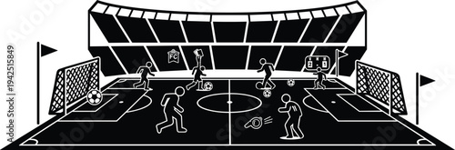 Black and white soccer stadium illustration with players competing on field goalposts and cheering crowd, flat sports match vector design concept