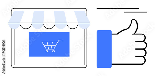 Online shopping concept. Online shopping interface with storefront and thumbs-up highlighting customer satisfaction. Online shopping convenience, trust, e-commerce, and user experience. For digital