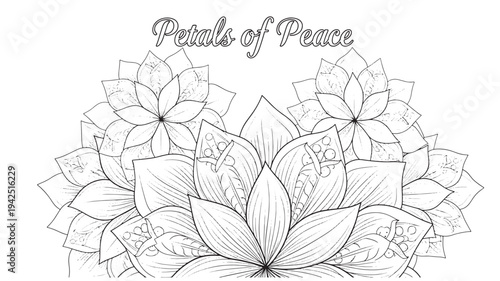 A serene adult coloring page featuring a beautiful floral design with the words 'Petals of Peace' at the top, perfect for relaxation and creative expression.