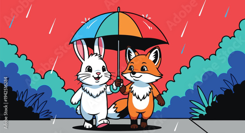 Vibrant vector rabbit and fox under a bright umbrella in the rain