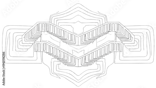 A detailed geometric pattern in black lines on a white background, ideal for adult coloring books, promoting relaxation and art therapy.