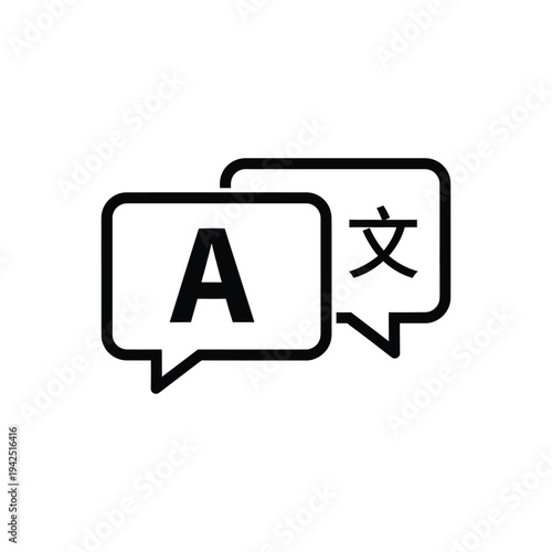 Simple black and line illustration of translation or language concept with speech bubbles containing alphabetic and symbolic characters