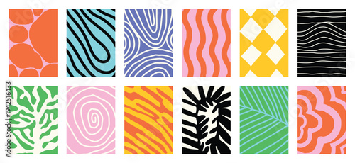 Colorful abstract geometric pattern vector set with green pink blue orange and cream shapes. Modern playful retro design for wallpaper, textile, packaging, poster and background.