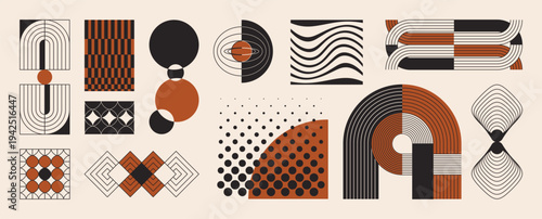 Mid century abstract vector element set. Retro aesthetic contemporary stripe line art, geometric shape in monochrome. Art form design for wall art, decoration and wallpaper.	