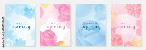 Spring floral poster vector set with pink and blue flower backgrounds. Soft pastel botanical design for greeting card, invitation, social media, wall art and seasonal branding.