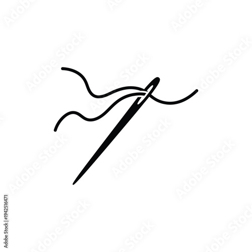 Sewing needle with thread passing through its eye, illustration of a sewing tool, close-up view of needlework