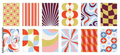 Retro geometric abstract pattern vector set with orange, teal, purple and cream shapes. Vibrant mid century design for wallpaper, textile, packaging, poster and background.