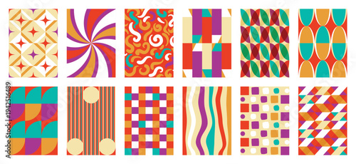 Retro geometric abstract pattern vector set with orange, teal, purple and cream shapes. Vibrant mid century design for wallpaper, textile, packaging, poster and background.