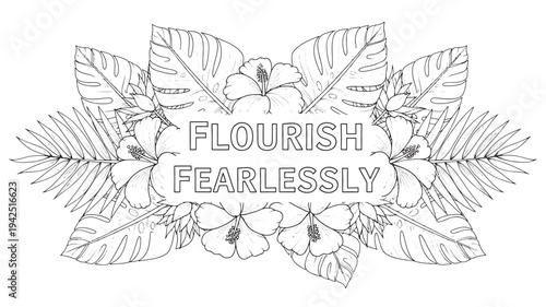 A black and white illustration of a floral design with the motivational quote 'Flourish Fearlessly' in the center, perfect for adult coloring books, inspiring positivity and calmness.