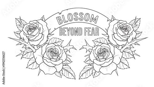 A black and white adult coloring page featuring roses and a motivational quote 'blossom beyond fear', ideal for stress relief and creative expression.
