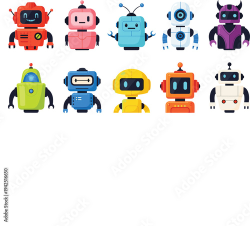Cute cartoon robot characters collection colorful futuristic AI robots vector illustration set
