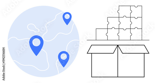 Logistics concept. Logistics symbols including global location markers, stacked puzzle pieces, and open packaging box. Logistics improving transportation, inventory management, and delivery