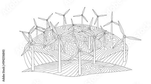 An illustration of wind turbines on a hill, creating sustainable power with eco-friendly green technology, promoting renewable energy.