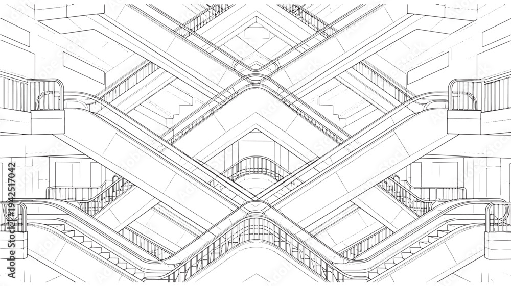Fototapeta premium Futuristic Escalator Architecture Adult Coloring Page, Detailed Modern Interior Line Art with Symmetrical Urban Structure, Intricate Perspective Building Design for Relaxing Mindfulness Coloring