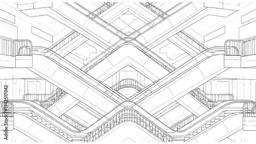Futuristic Escalator Architecture Adult Coloring Page, Detailed Modern Interior Line Art with Symmetrical Urban Structure, Intricate Perspective Building Design for Relaxing Mindfulness Coloring