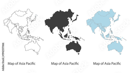 Set of Asia Pacific Maps with Outlines and Silhouettes, Professional Vector Illustration for Infographics and Business