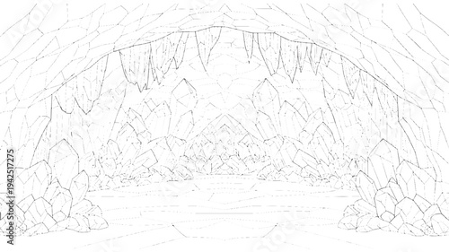 A detailed adult coloring page featuring a peaceful cave with a winding pathway, surrounded by lush foliage and stalactites, perfect for relaxation and creative expression.