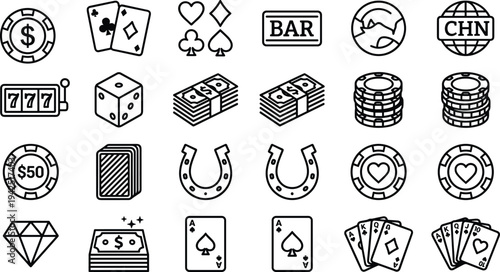 Casino gambling outline icon set with poker cards, slot machine, dice, chips, money stacks, lucky horseshoe and casino game symbols