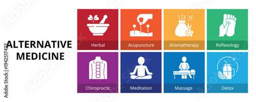 Alternative Medicine Glyph Solid Icons Vector - Herbal, Acupuncture, Aromatherapy, Reflexology, Chiropractic, Meditation, Message, Detox 