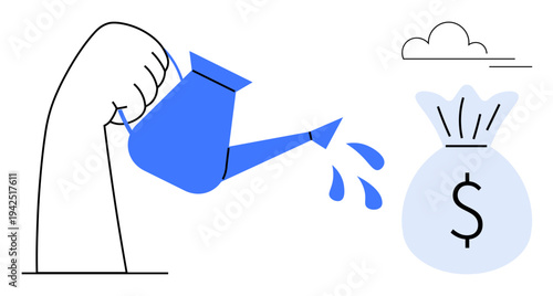 Financial growth, investment strategies, savings management, wealth building, economic resources, sustainable finances. Hand pouring water onto a money bag. Financial growth and investment strategies