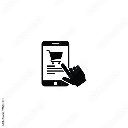 Hand interacting with mobile device displaying shopping cart and product details on screen