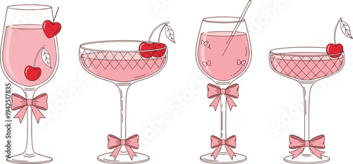 Cherry cocktail glasses illustration, pink beverage drink set, cute wine martini coupe glass with bow garnish, feminine bar drink collection