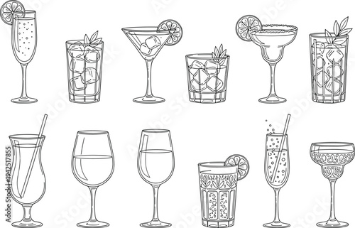 Cocktail and wine glasses line art collection, bar beverage drinkware set with citrus garnish, alcohol drink illustration
