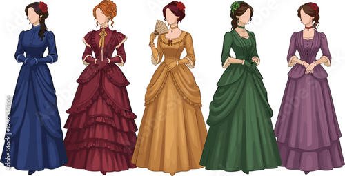 Elegant Historical Ball Gowns Set Victorian Regency Style Women Dresses Colorful Flat Illustration for Fairy Tale Princess Fashion, Vintage Clipart, Wedding Graphics, and Vector Collections