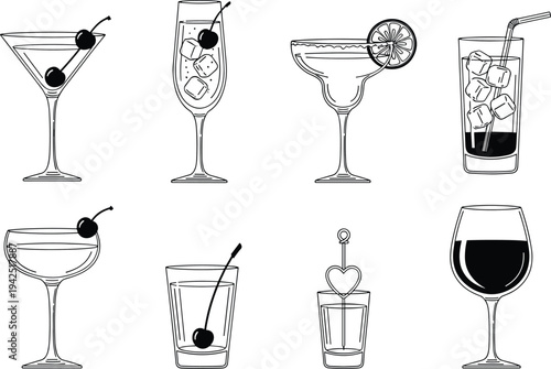 Cocktail and wine glasses line art set, martini margarita champagne whiskey drink illustrations, bar beverage glassware collection