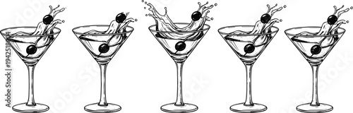 Martini cocktail splash illustration set, olive garnish drink glass collection, classic alcohol beverage line art bar concept
