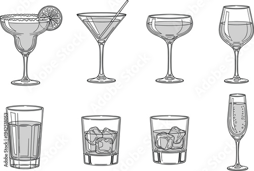 Set of cocktail glasses illustration, martini margarita wine champagne tumbler barware collection, alcohol drink glass types line art